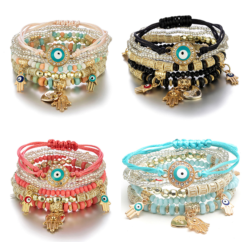 6 Teile/satz Böhmischen Bösen blick Armband Set Für Frauen Fatima Hand Herz Charme Perlen Seil Kette Armreif Weiblichen Schmuck Geschenk