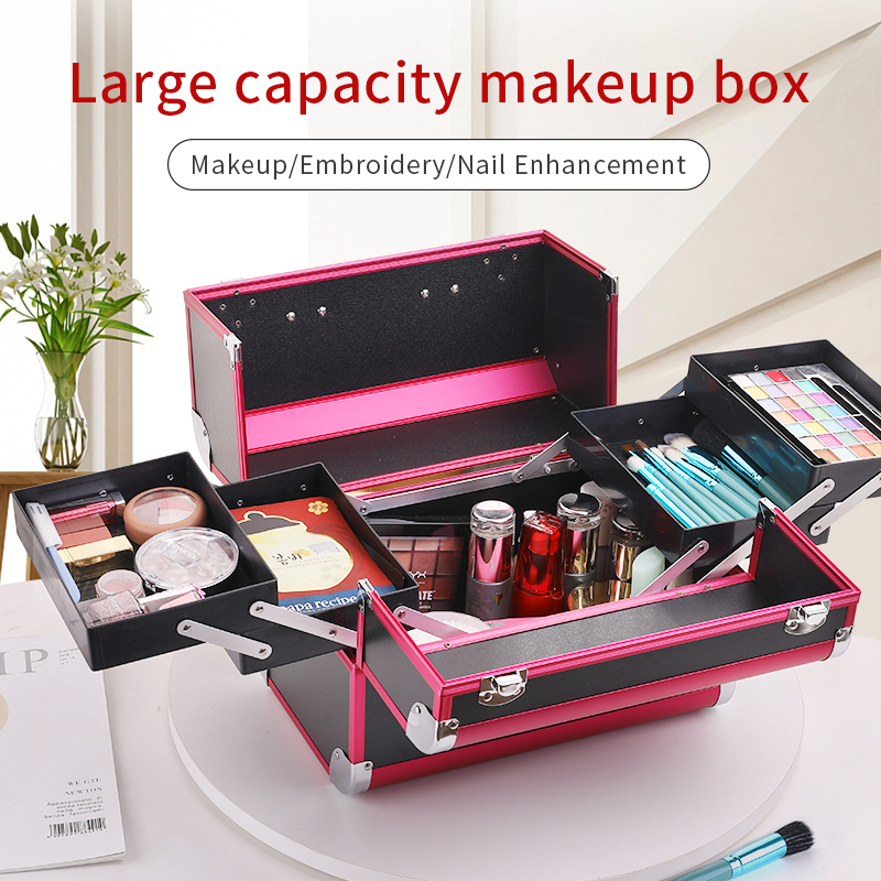 Casing kereta Makeup Pro dapat diatur 4 geser kotak penyimpanan kotak Organizer kompartemen dapat dikunci