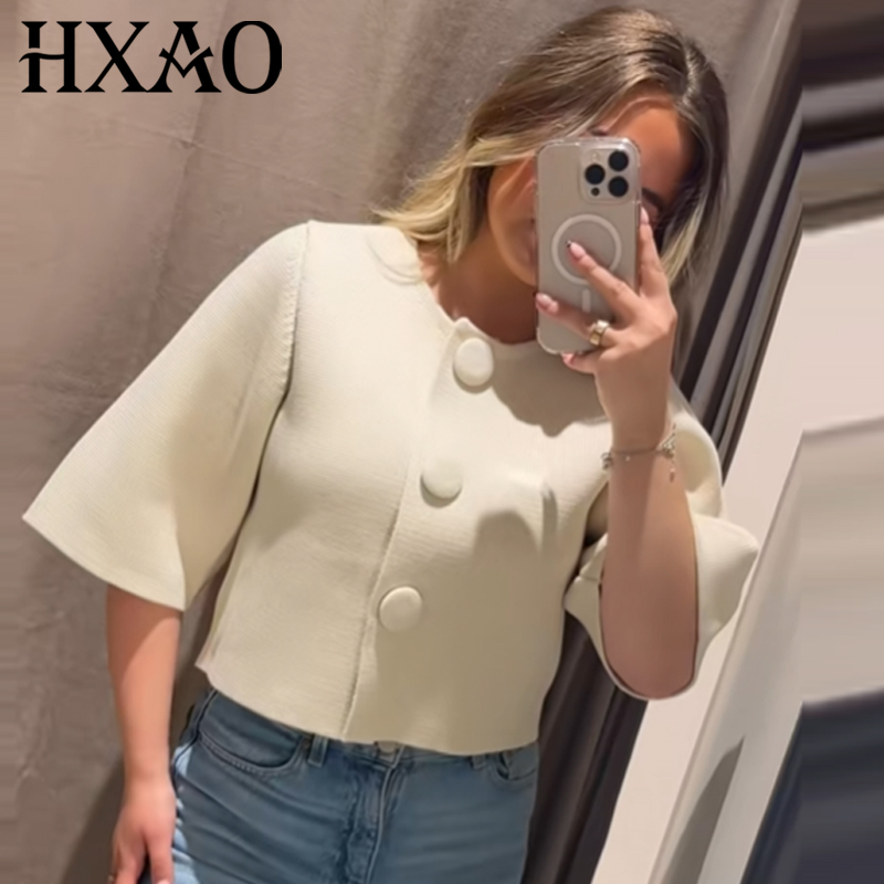 HXAO Cardigan court en maille pour femme, Été 2026, Élégant, Blanc cassé, Boutonné, Col rond, Manches courtes, Hauts pour femme, Boléro de villégiature