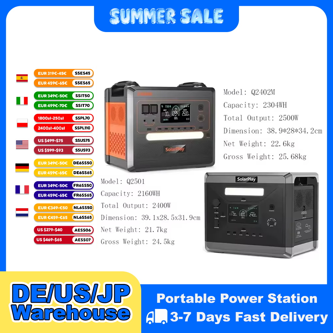 SOLARPLAY Q2501 Q2402M draagbare krachtcentrale 2160WH 2304WH LiFePO4-batterij met 2400W/2500W (4800W piek) zonnegenerator