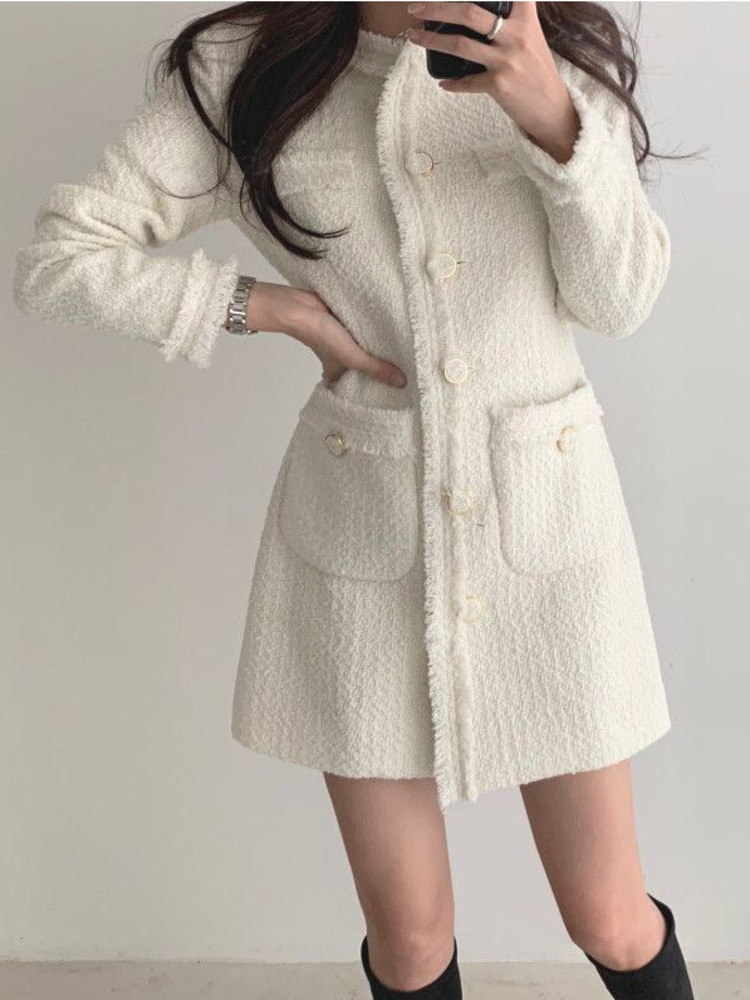 หรูหราขนาดเล็กหอมสไตล์หญิง Retro สไตล์ฝรั่งเศส Elegant รอบคอ Single-Breasted เอวกระเป๋าแขนยาว Tweed ชุด