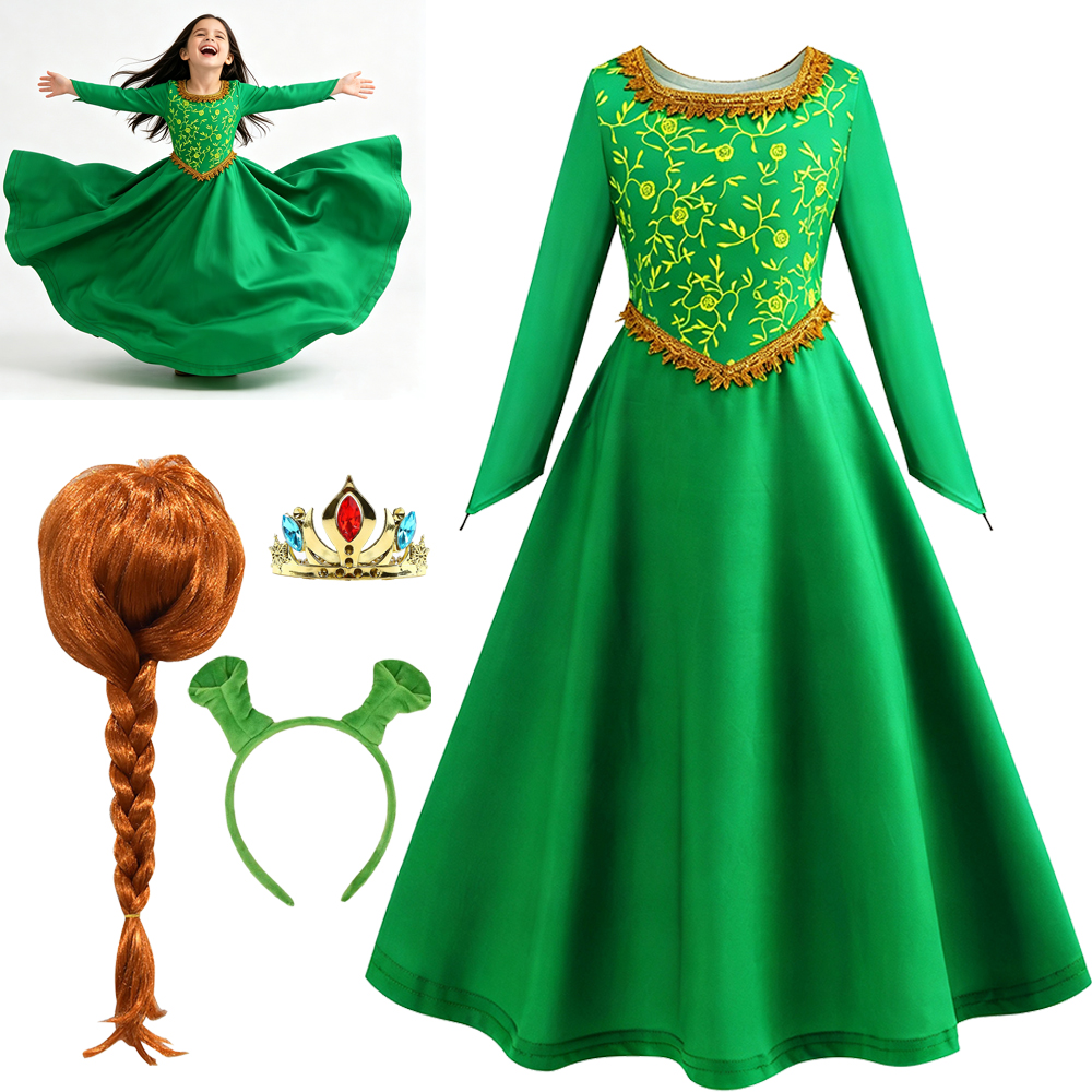 Costume Shrek pour enfants, robe longue de princesse verte Fiona, ensemble de costumes avec couronne et perruque pour filles, tenue d'été pour fête d'Halloween, cosplay