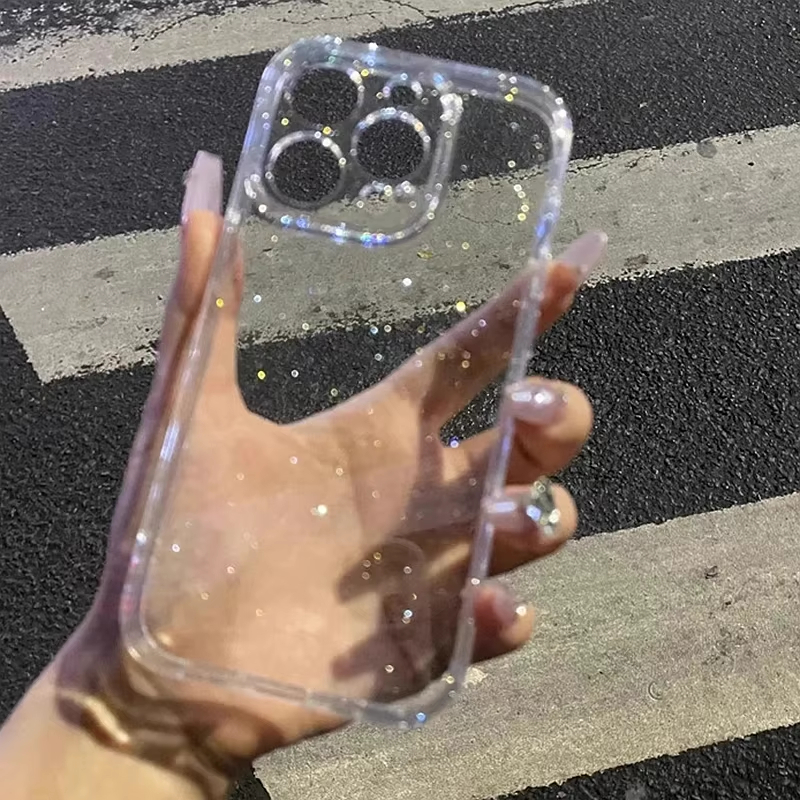 Bling Glitter Transparent Phone Case For iPhone 15 13 14 16 17 11 12 Pro Max Air Shockproof TPU Silicone Soft Bumper Cover Funda