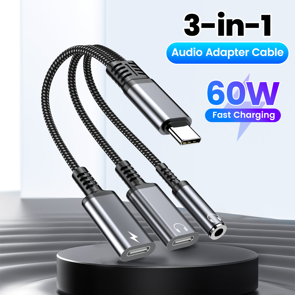 ประเภท C อะแดปเตอร์เสียงสาย 3in1 60W Fast CHARGING สําหรับ iPhone 15 16 Samsung ประเภท C ถึง Dual Type C/ 3.5 มม.แจ็คหูฟัง Splitter