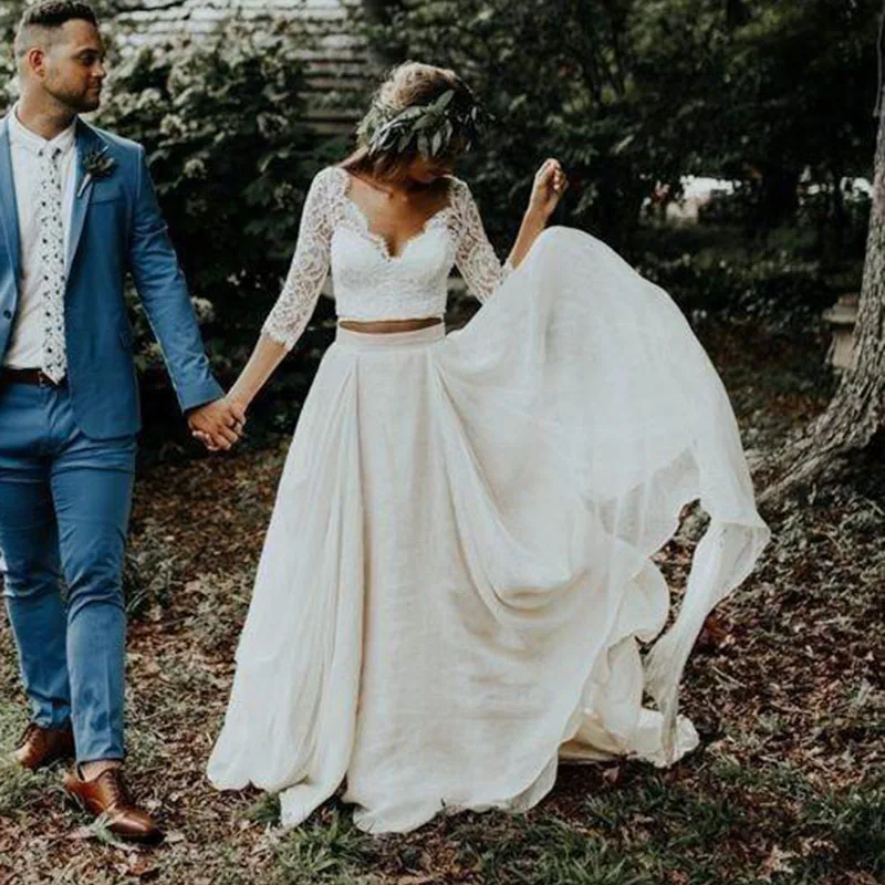 Customized Wedding Dresses 3/4 Long Sleeve A Line White Ivory Chiffon Lace Princess Beach Bride Two Pieces Evening Gown for Wome