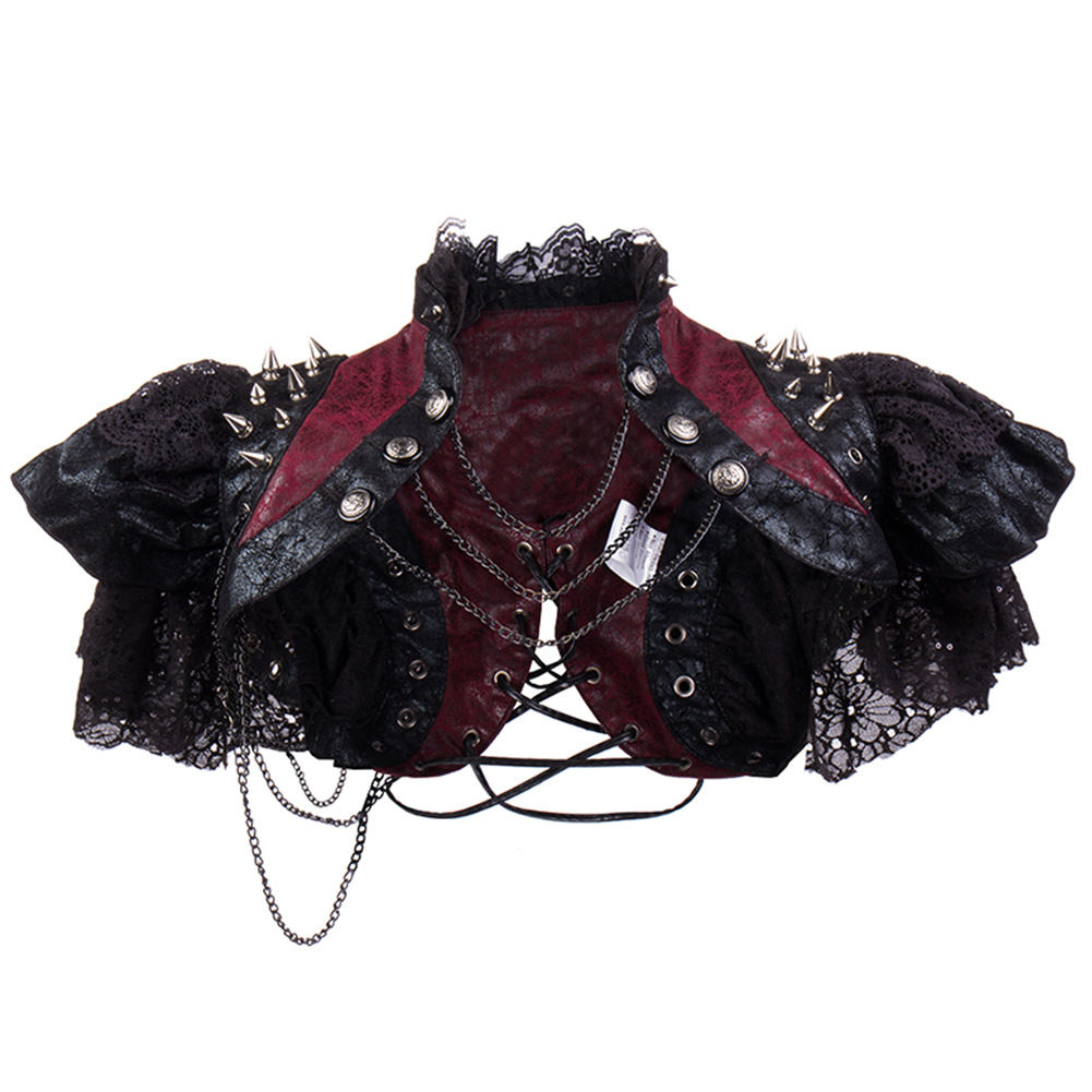 Red Leather & Black Lace rivetti catene y2k giacca Vintage Steampunk Costume donna abbigliamento gotico Rock Rave Coat Cool Streetwear