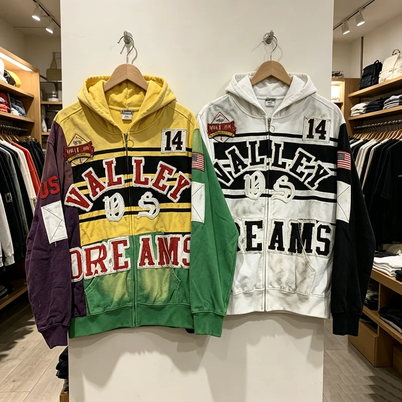 2026 New VALLEY Black White Contrast Oversized Hooded Zip Jacket Vintage Striped Patch Letter College Sweatshirt Hoodies