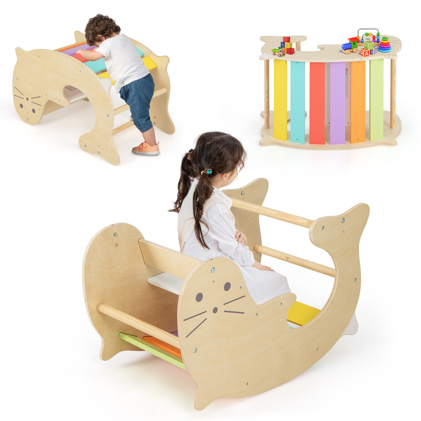 Ergomaster 3-In-1 Kids Klimspeelgoed Set Indoor Boog Klimmer Peuters Houten Hobbelpaard