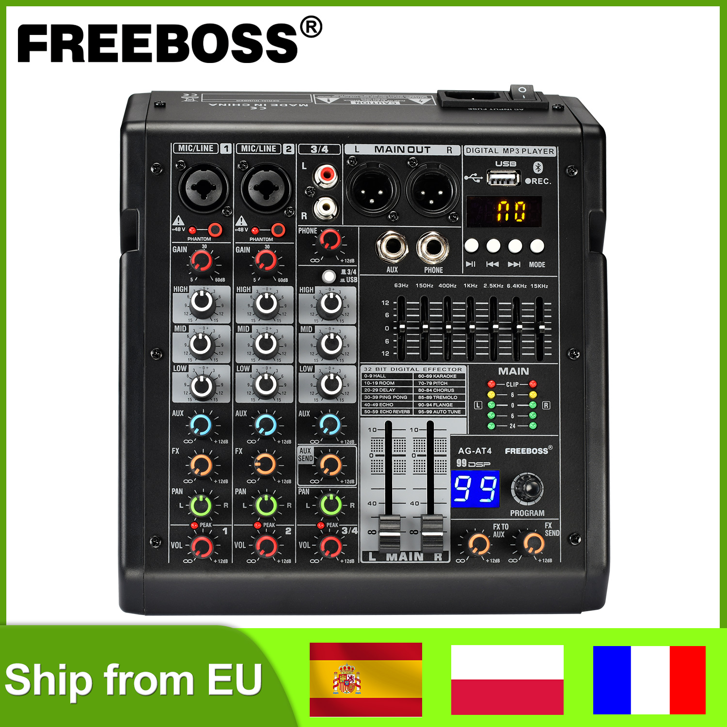 Freeboss-4 Console De Mistura De Canal, 99 Efeito DSP, Reprodução USB, Gravação De PC, Bluetooth, Misturador De Som De Áudio, Festa Em Casa, Mesa De Mistura 48V, AG-AT4