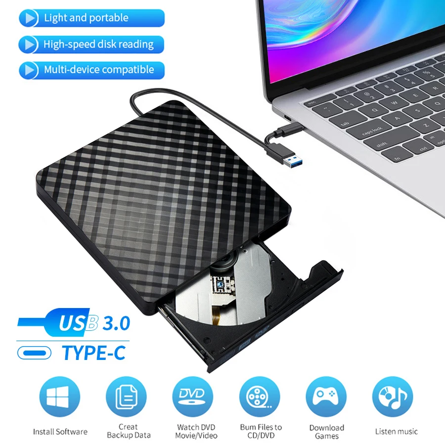 Внешние оптические приводы CD DVD USB 3.0 Type C 2-в-1, тонкий защитный привод CD-RW, проигрыватель DVD-ROM для настольного ноутбука