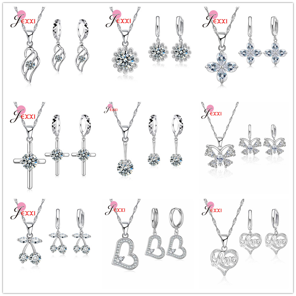 Plata de Ley 925, circonita cúbica, cruz, corazón, mariposa, colgante, collar, pendientes colgantes, conjuntos de joyería de moda
