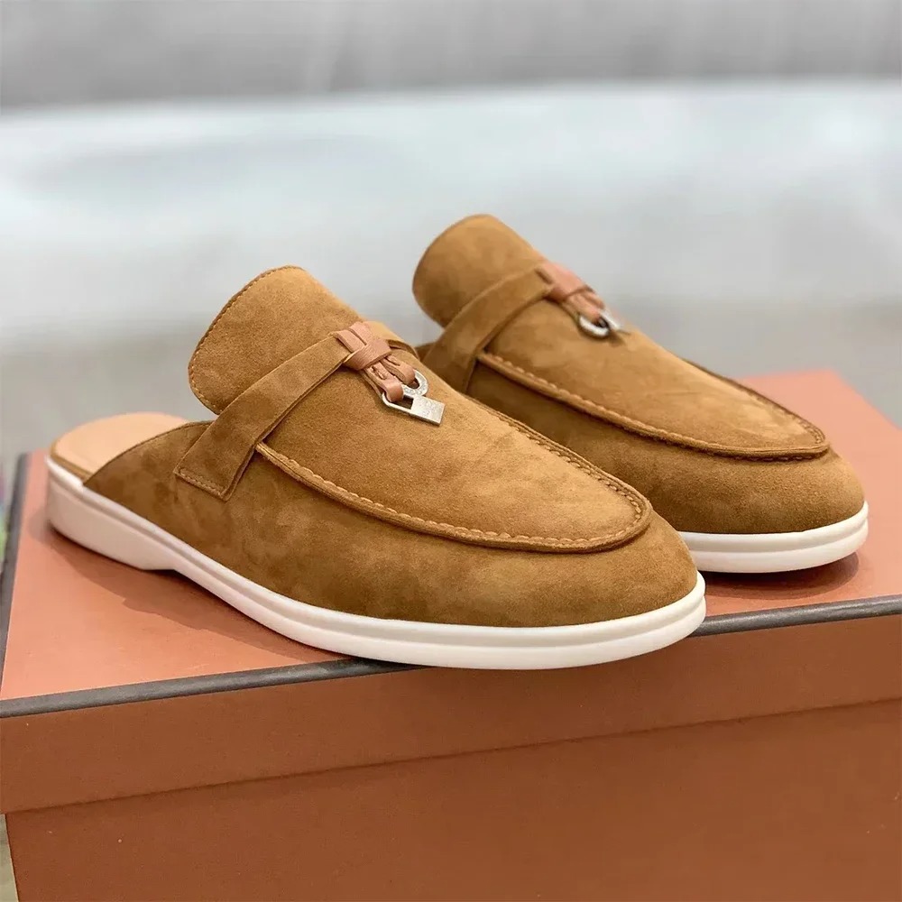 Women's British Round Head Deer Leather Tassel Terry Flat Mule Half Slippers | Cozy Lazy Home Shoes