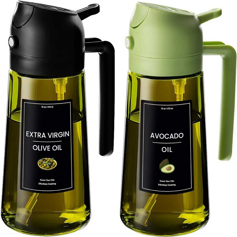 Dispensador de aceite de oliva, pulverizador para cocinar, pulverizador y vertido 2 en 1, botella de aceite de vidrio verde oscuro con pegatinas, pulverizador de aceite de 16oz/470ml
