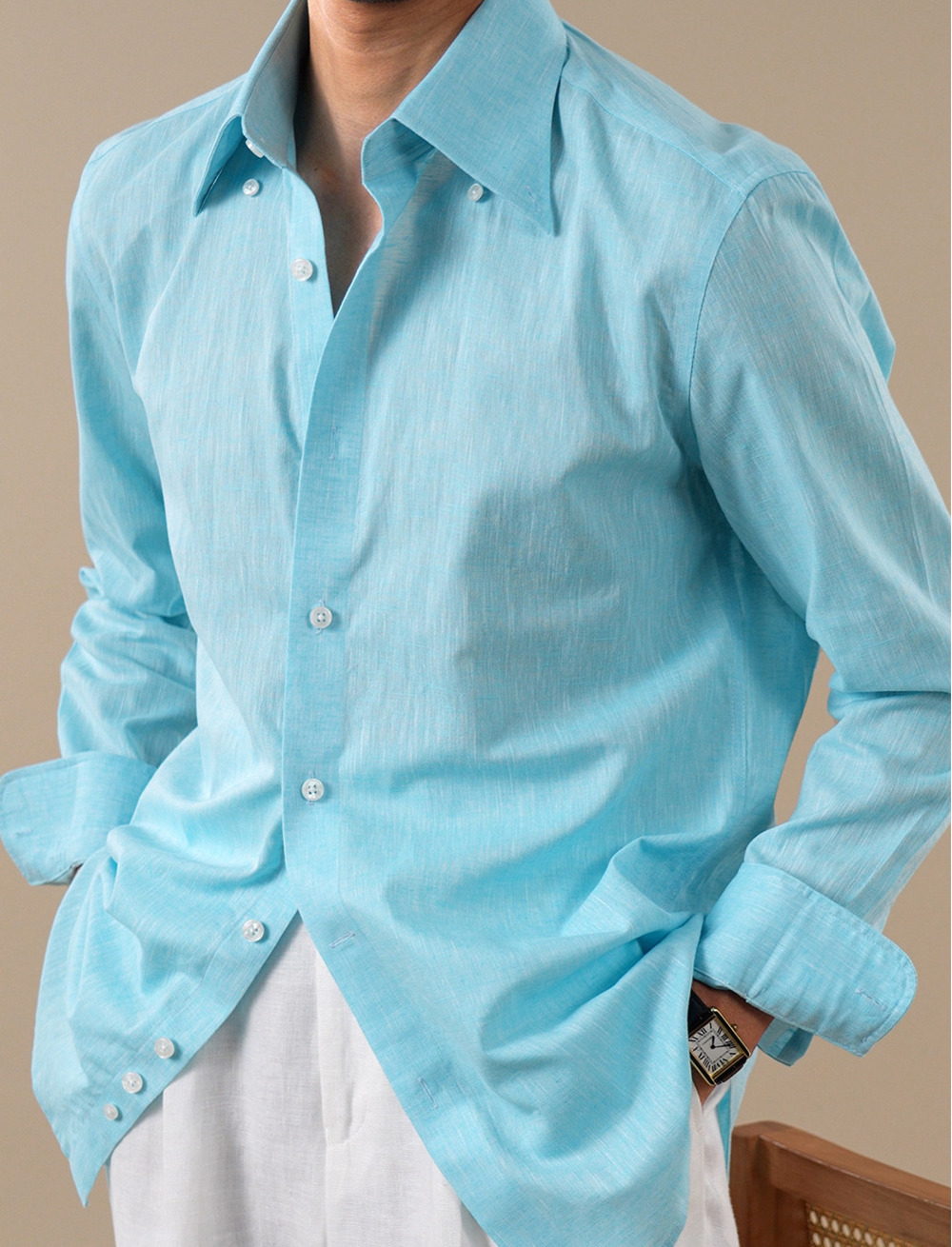 Camicia estiva in misto lino da uomo con collo a punta, casual, di alta qualità, traspirante, per lavoro e tempo libero.
