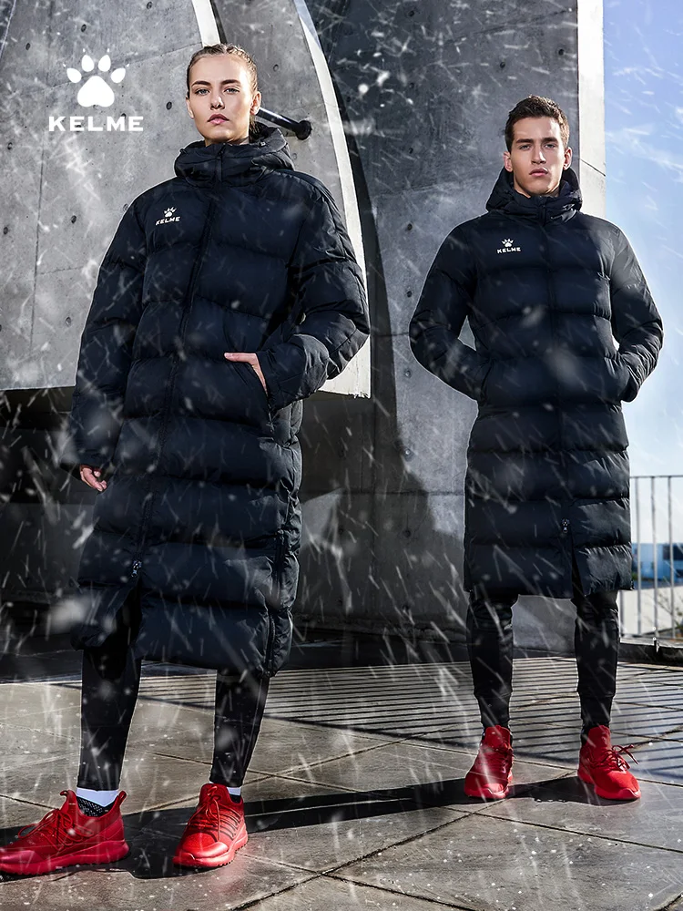 KELME Мужская зимняя куртка, длинное спортивное тренировочное пальто с капюшоном, верхняя одежда, теплая шелковая хлопковая ветр