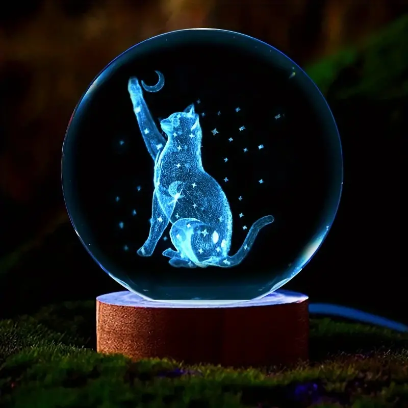 Gato e Estrela da Lua Esculpida Crystal Ball Nightlight Laser 3D, Luz de Estátua Interior, Presente para senhoras, que amam gatos, 1 pc