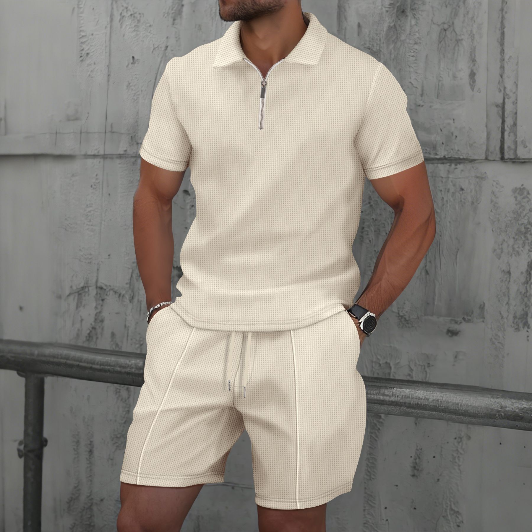 2025 Hombres Europa y Estados Unidos nuevo verano Waffle color sólido con cremallera solapa traje de manga corta pantalones cortos dos conjuntos