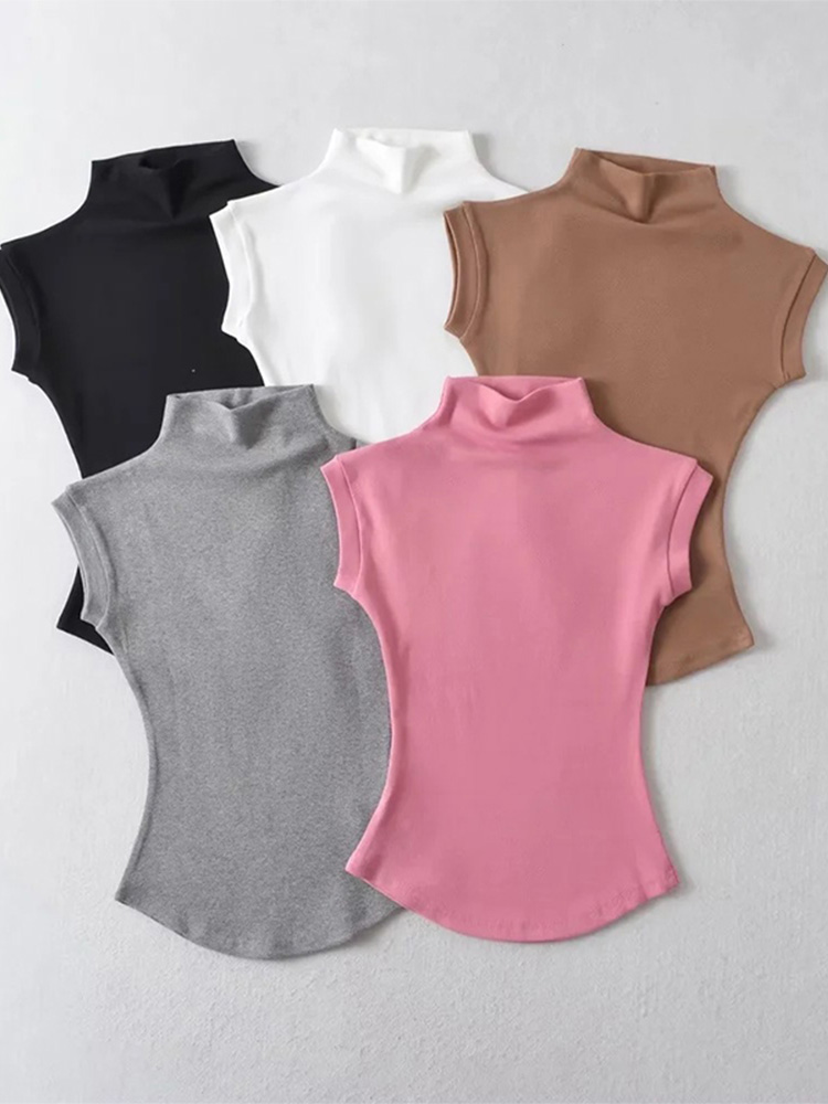 Mulheres verão sexy gola alta sem mangas camisetas topos sólido fino ajuste pullovers causal camisetas femininas streetwear básico camisetas