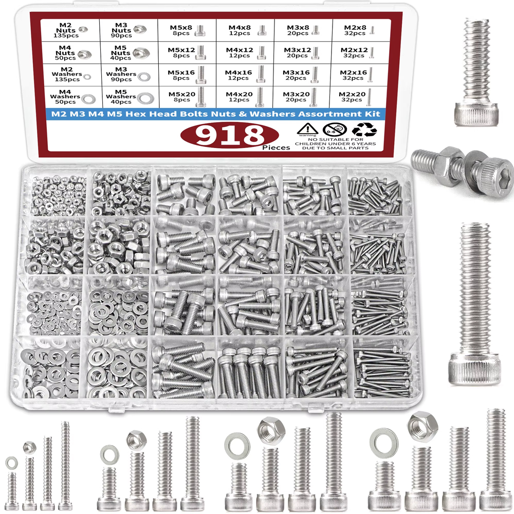 918pcs Nuts and Bolts Assortment Kit - M2, M3, M4, M5 Hex Head Bolts, Nuts, Flat Washers, and More