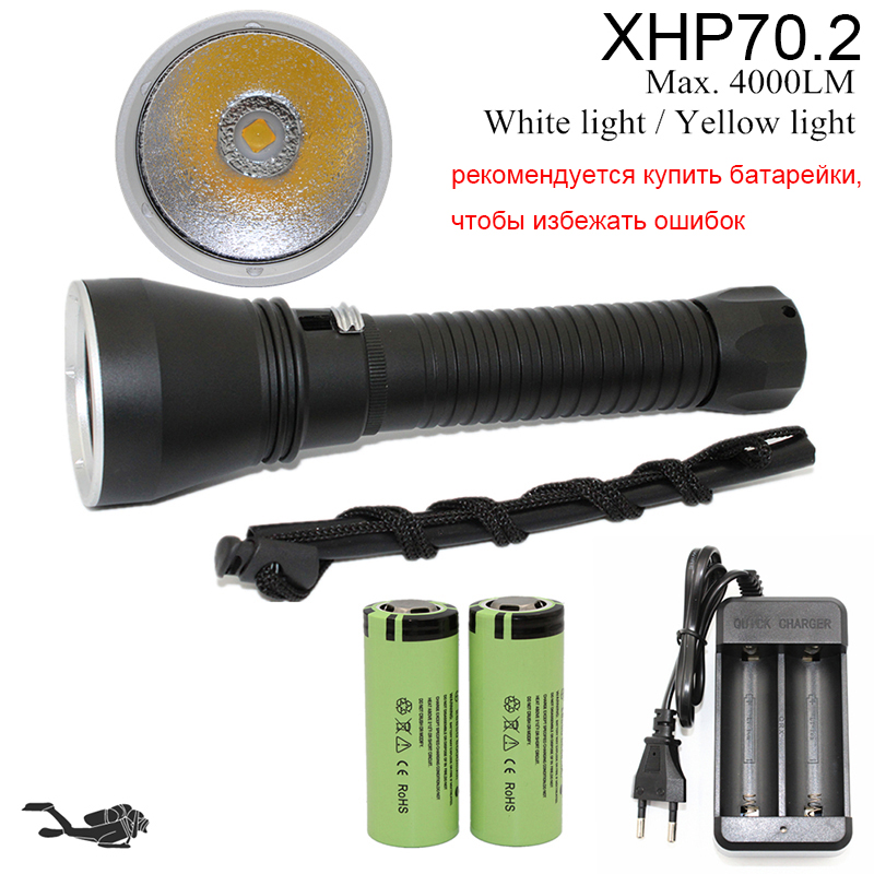 XGardens-Lampe de Plongée Sous-Marine à 70 LED Jaune et Blanche, Torche 120, 4000 Lumens, xhpteuse 2, html sous Marine, 3/4, 26650 m