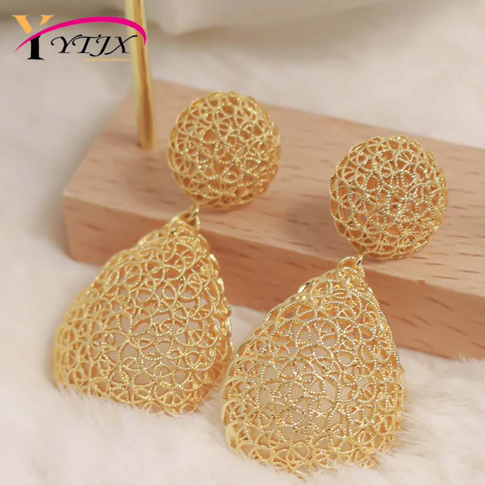 Anting-anting wanita YTJX, berlapis emas tembaga 18K, desain berongga, liontin panjang bentuk tetesan air, aksesoris perhiasan untuk Natal