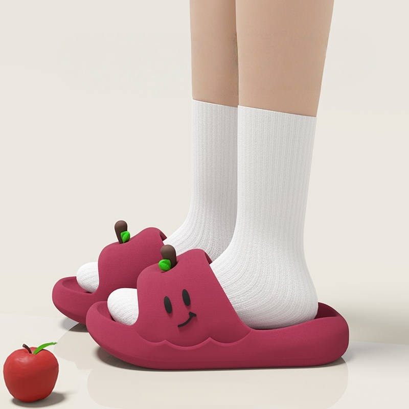 Pantuflas de interior de suela gruesa con diseño de manzana de dibujos animados para mujer, verano 2026, pantuflas de casa de EVA suave tipo nube, sandalias de casa bonitas de color caramelo para mujer