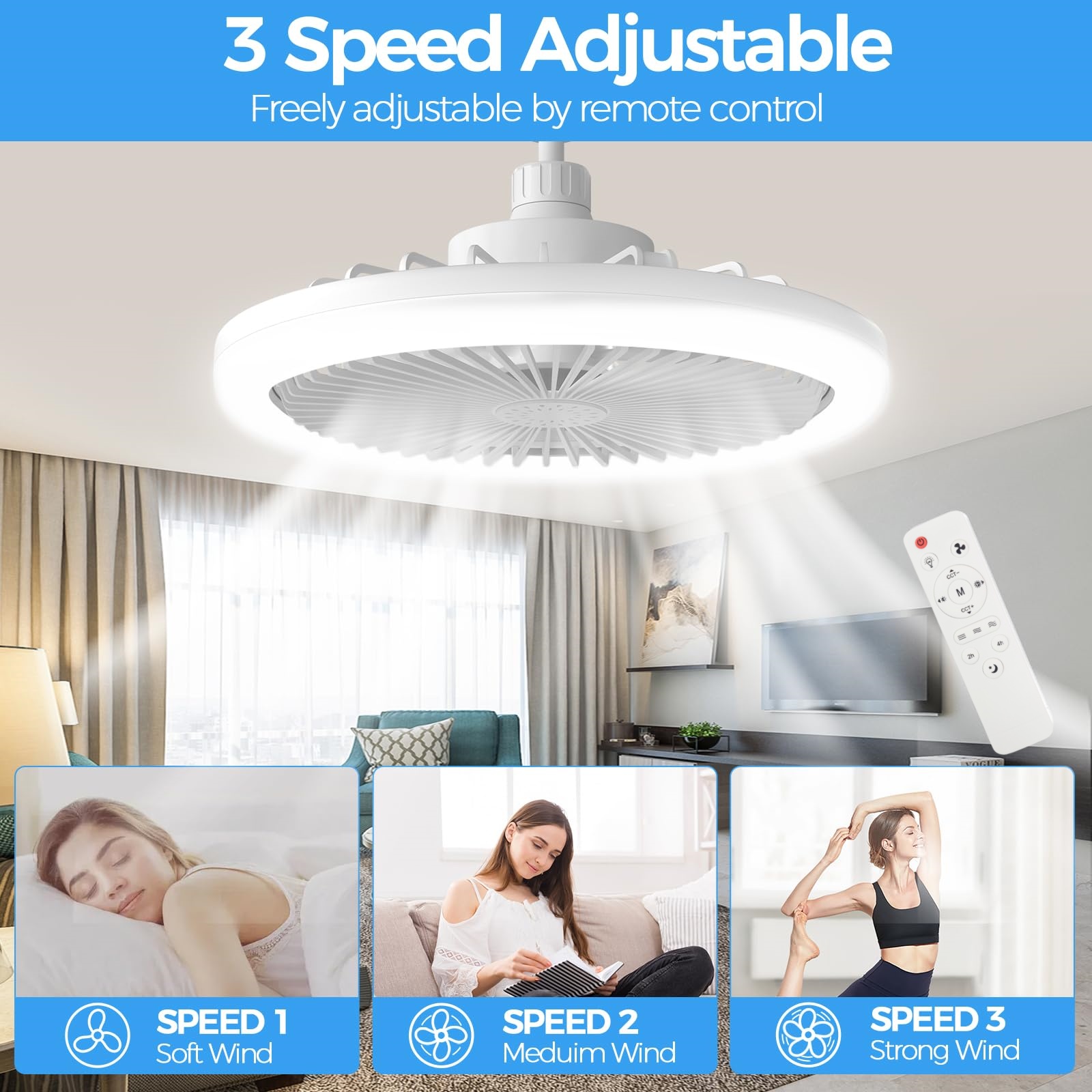 Ventilador de teto IRALAN com soquete E27 de luz 10 polegadas 85-265V 3 velocidades de ventilador regulável fácil de instalar para luminárias de quarto