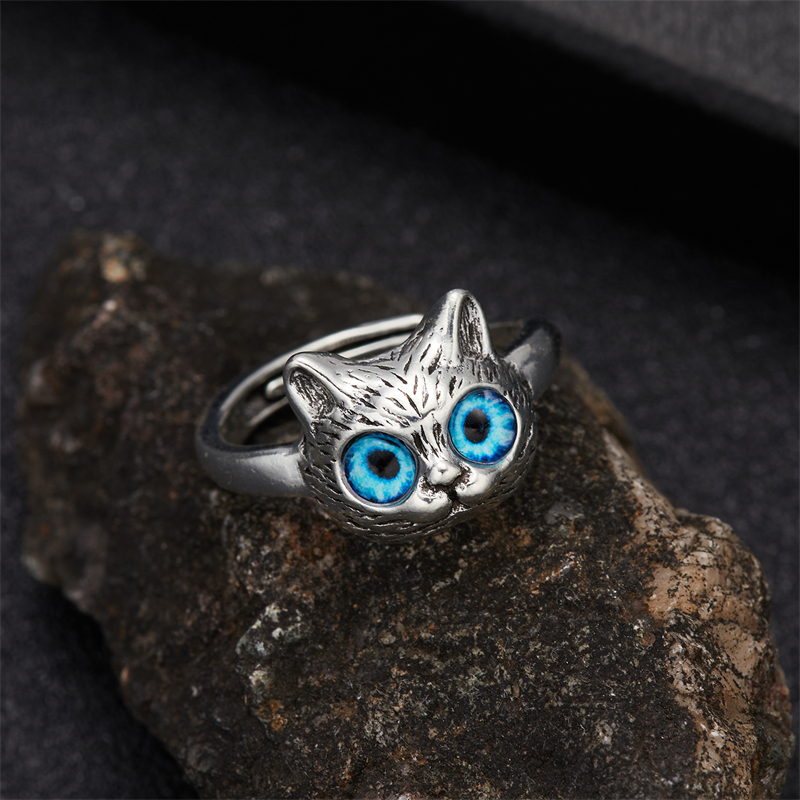 Anillo de Metal con apertura de cara de gato y ojo azul gótico Vintage para mujeres y hombres, anillos de animales Retro a la moda, regalos de joyería para fiesta y boda