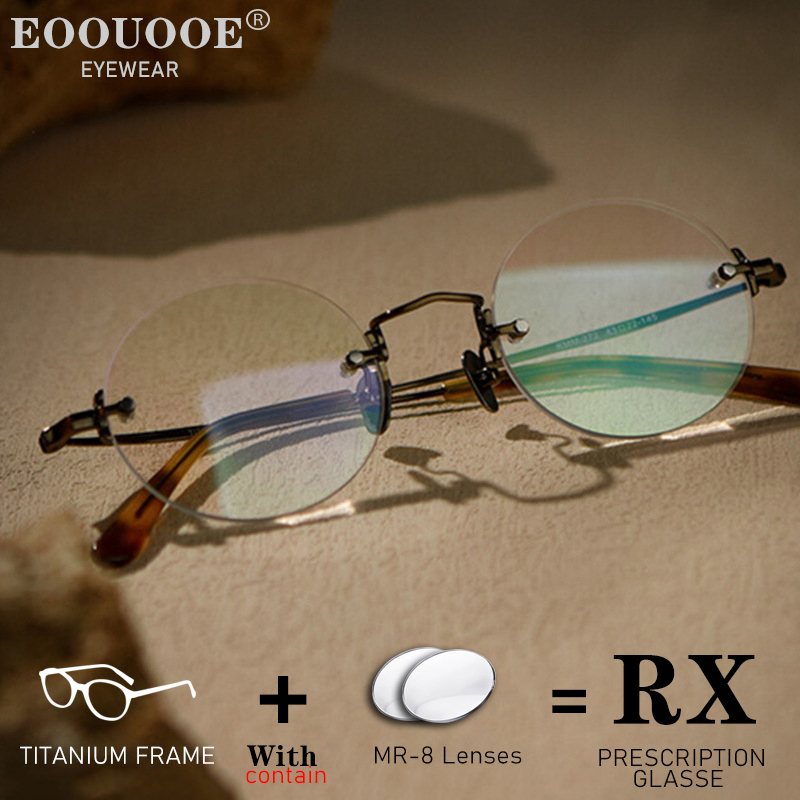 Hommes Bronze rétro Vintage lunettes hommes pur titane rond sans monture optique lunettes de Prescription recette lentilles lunettes myopes