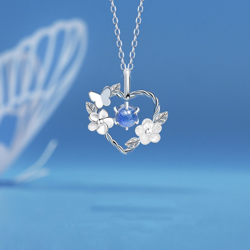 Collar con colgante de mariposa para mujer, cadena de clavícula, flor, corazón, Color plateado, Simple, piedra lunar, joyería de boda