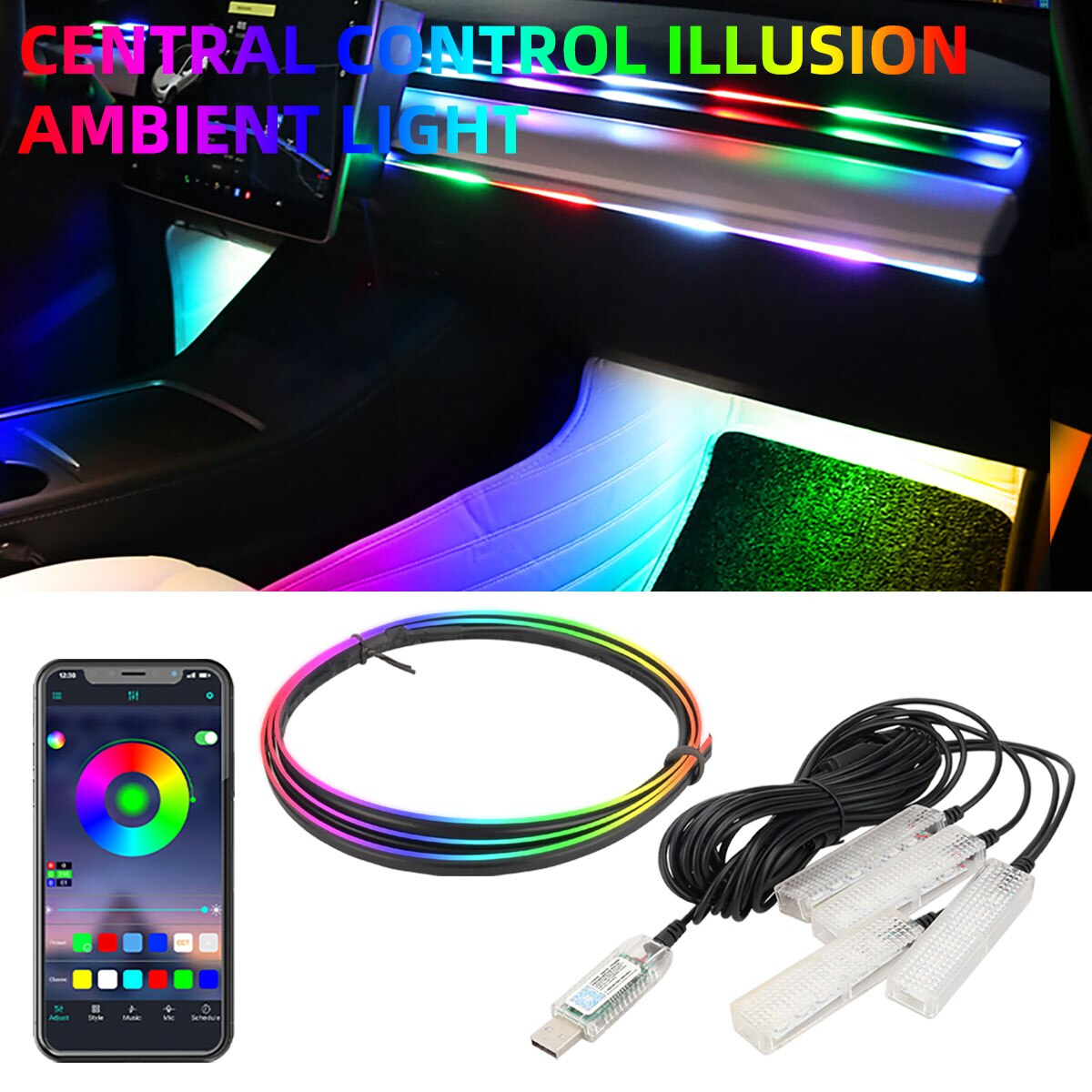 Luz LED ambiental para coche, tiras acrílicas USB de 64 colores, 110cm, colores completos, RGB, Interior del coche, aplicación oculta, lámpara de ambiente con Control remoto