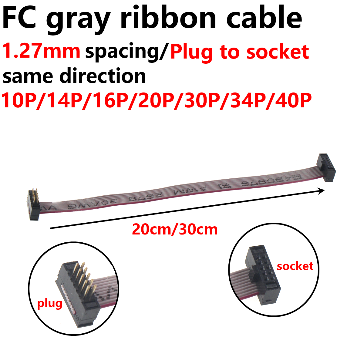 2 Stück 1,27 mm Pitch Stecker auf Buchse FC-6/8/10/16/20/40/50 Pin 20/30 cm Graues Flachbandkabel JTAG ISP Download-Datenkabel 1,27