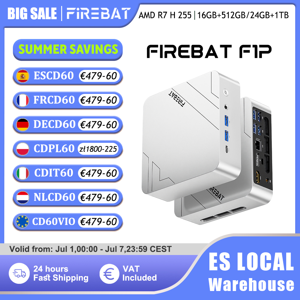 Firebat Mini PC F1 P AMD Ryzen 7 H 255 DDR5 16GB RAM 512GB SSD Windows 11 Pro Miniordenador de Escritorio Wi-Fi 6 BT 5.2 USB 4.0