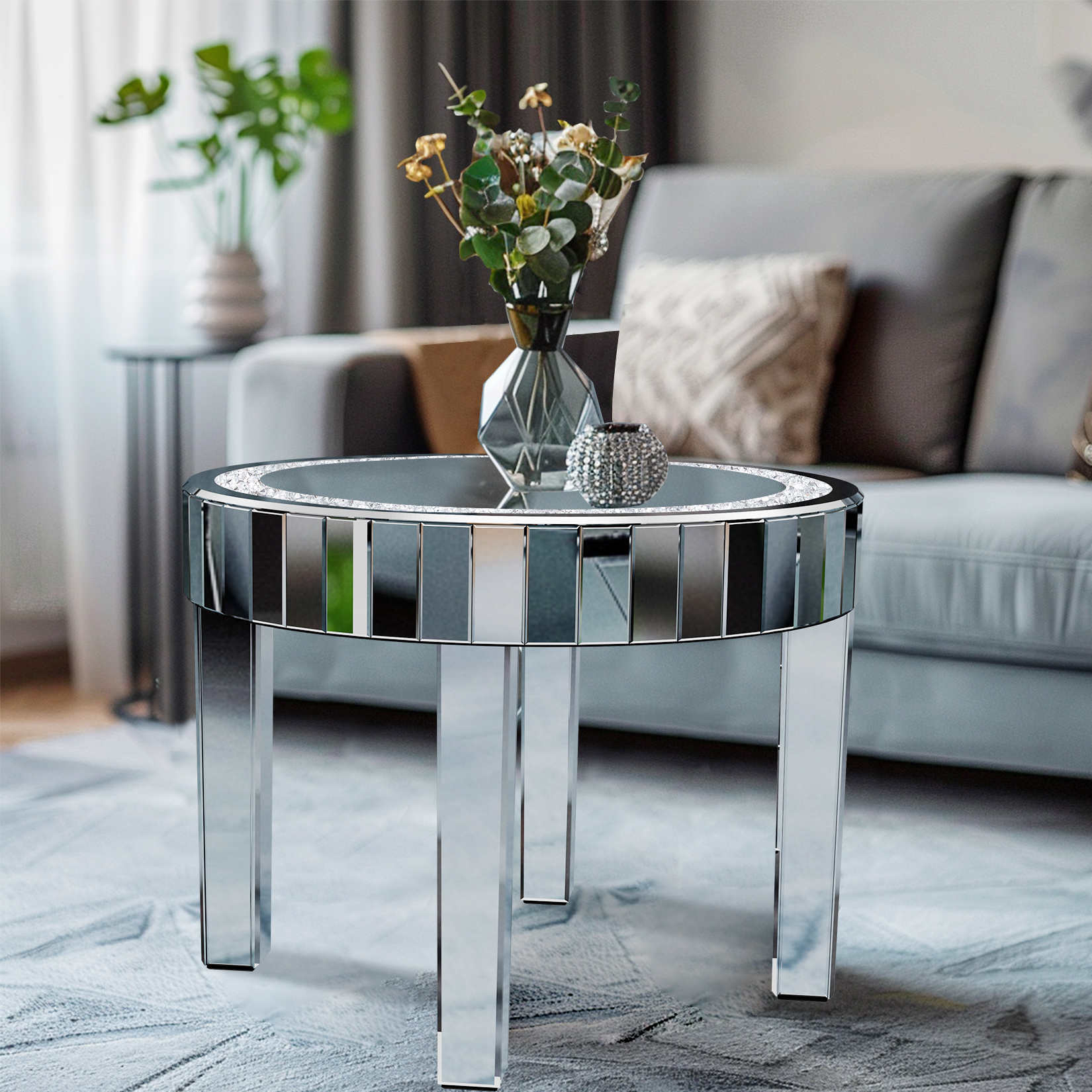 Ronde Gespiegelde Accenttafel Zilveren Spiegelglazen Tafelblad Met Bling Geplet Diamant Randframe En Kristallen Spiegelpoten