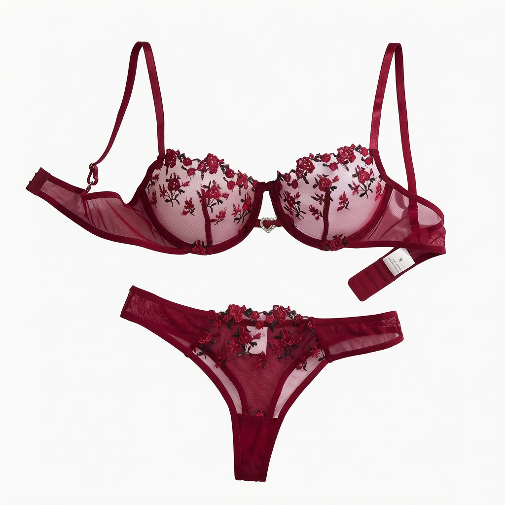 Wijnrode Franse stijl kanten lingerieset met bloemenborduurwerk, sexy en pure verlangen pure bh-ondersteuning, Valentijnsdagfeest ZA824026
