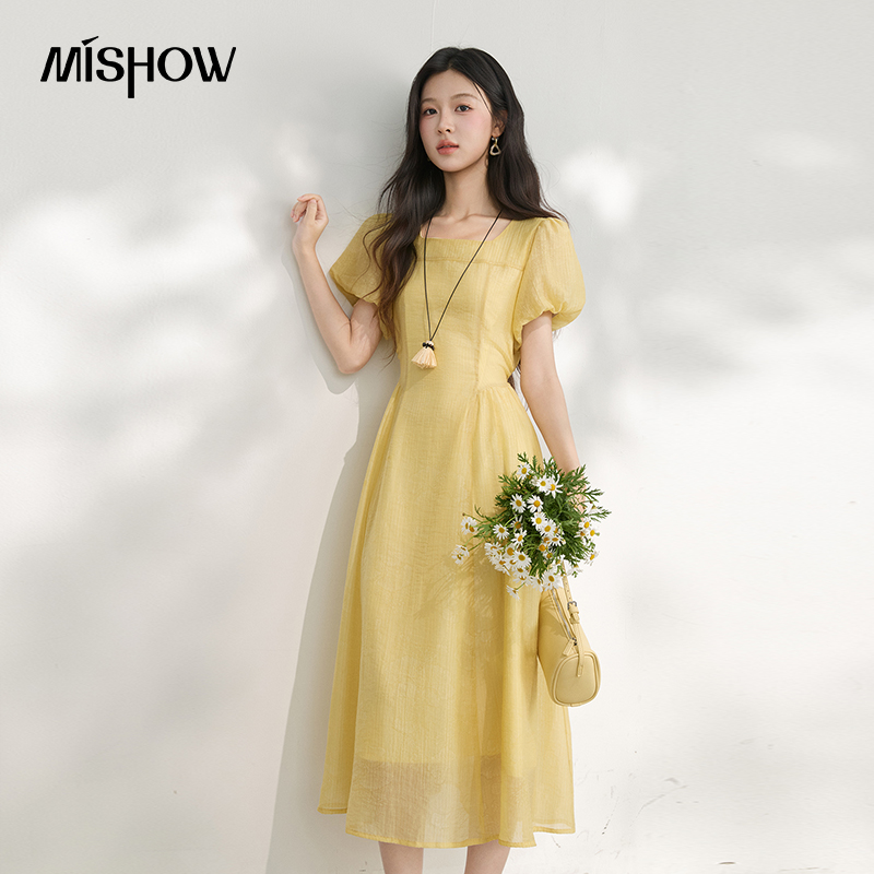 MISHOW Dames Vintage Geel Ginkgo Bladprint Midi-jurk Zomer Vierkante Hals Bladerdeeg Mouw Taille Elegante Lange Jurken MXF30L2816