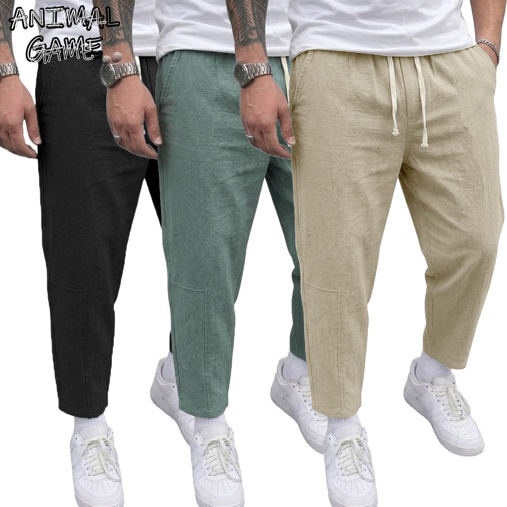Korean Cotton Linen Mens Drawstring Casual Pants Loose Straight Baggy Lightweight Sport Pants Solid Color Breathable Streetwear