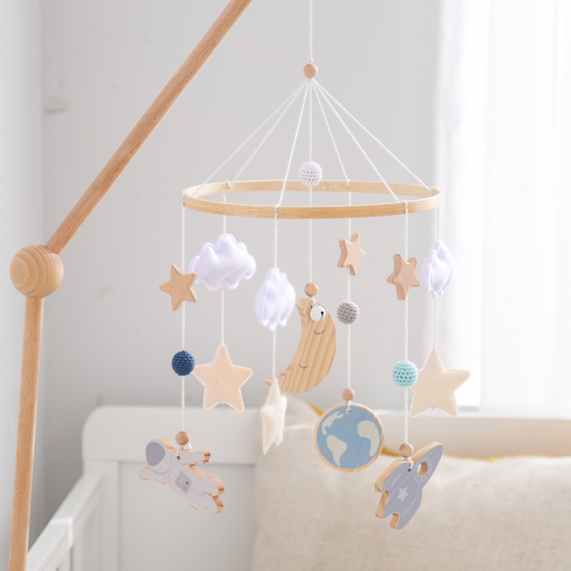 Support de téléphone portable pour berceau, hochets en bois, lune, étoiles, astronaute, cloche de lit, jouets pour nouveau-né, confort, support de berceau, cloche de lit, cadeaux pour bébé
