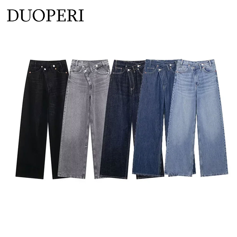 DUOPERI 女性ファッションデニムソリッドストレートパンツジーンズハイウエスト全身カジュアル女性シックな女性のズボン