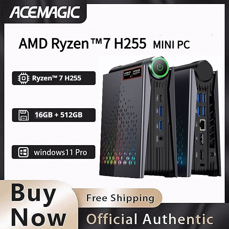 Mini PC ACEMAGIC AMD Ryzen 7 H255, 16GB RAM, 512GB SSD, WIFI 6, BT5.2, con Luces RGB, 4K, Windows 11 Pro