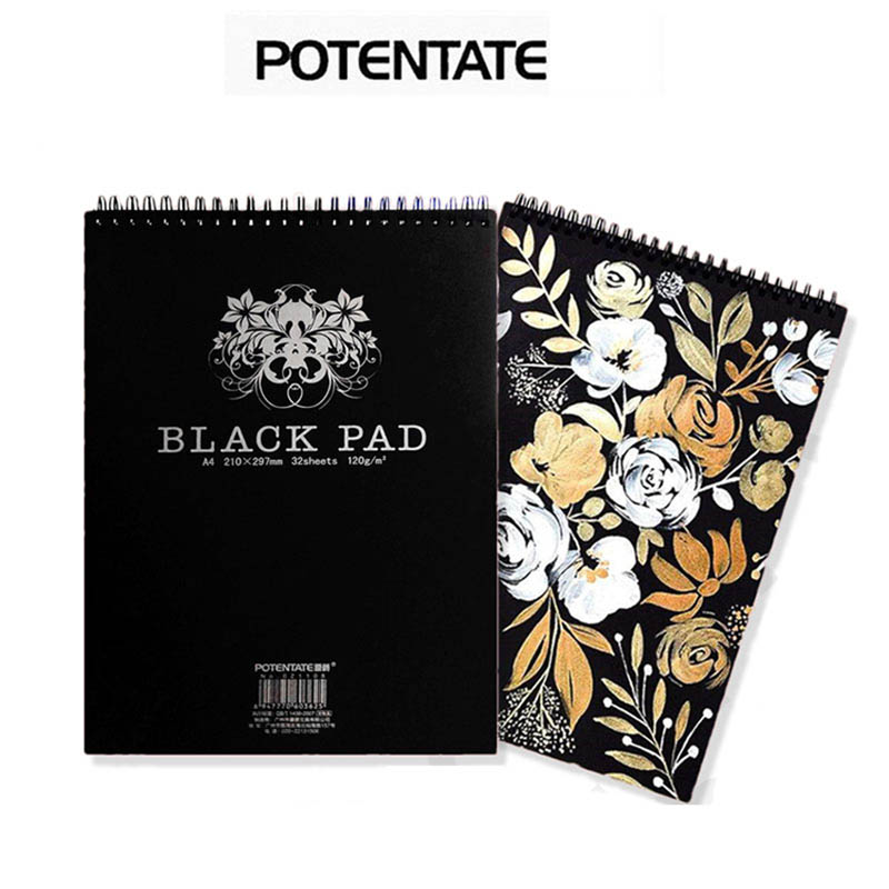 32 folhas de papel preto a4/a5, bloco de desenho para esboço, 120gsm, espiral, caderno para lápis de cor, grafite, carvão, pastéis