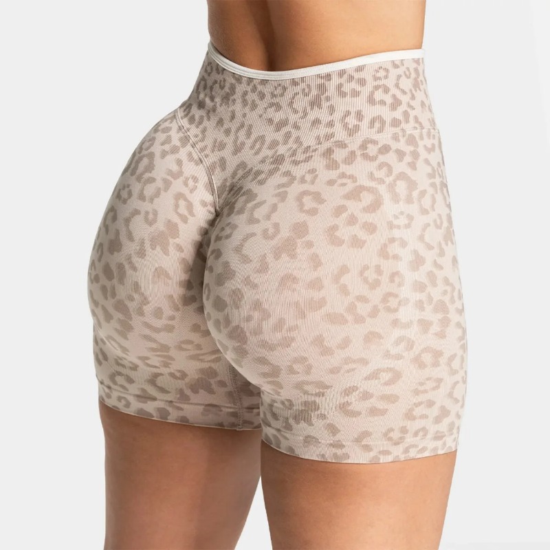 Summer Women's Seamless Leopard Print Sports Shorts White Border Contrasting High Waist Leggings Gym Yoga Exercise Sports Shorts
