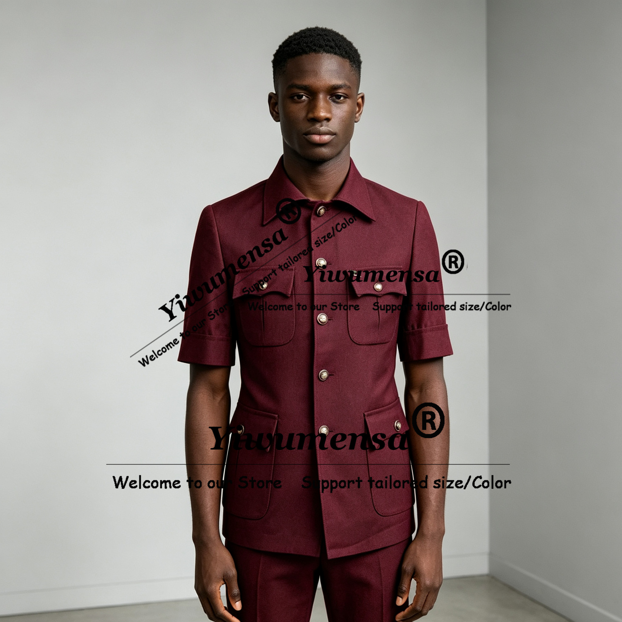 Elegante afrikanische Anzüge für Herren, kurzärmelige Jacke, Hose, 2-teiliges Set, Safari-Stil, Herren-Blazer, maßgeschneiderte Bräutigam-Dinner-Smokings