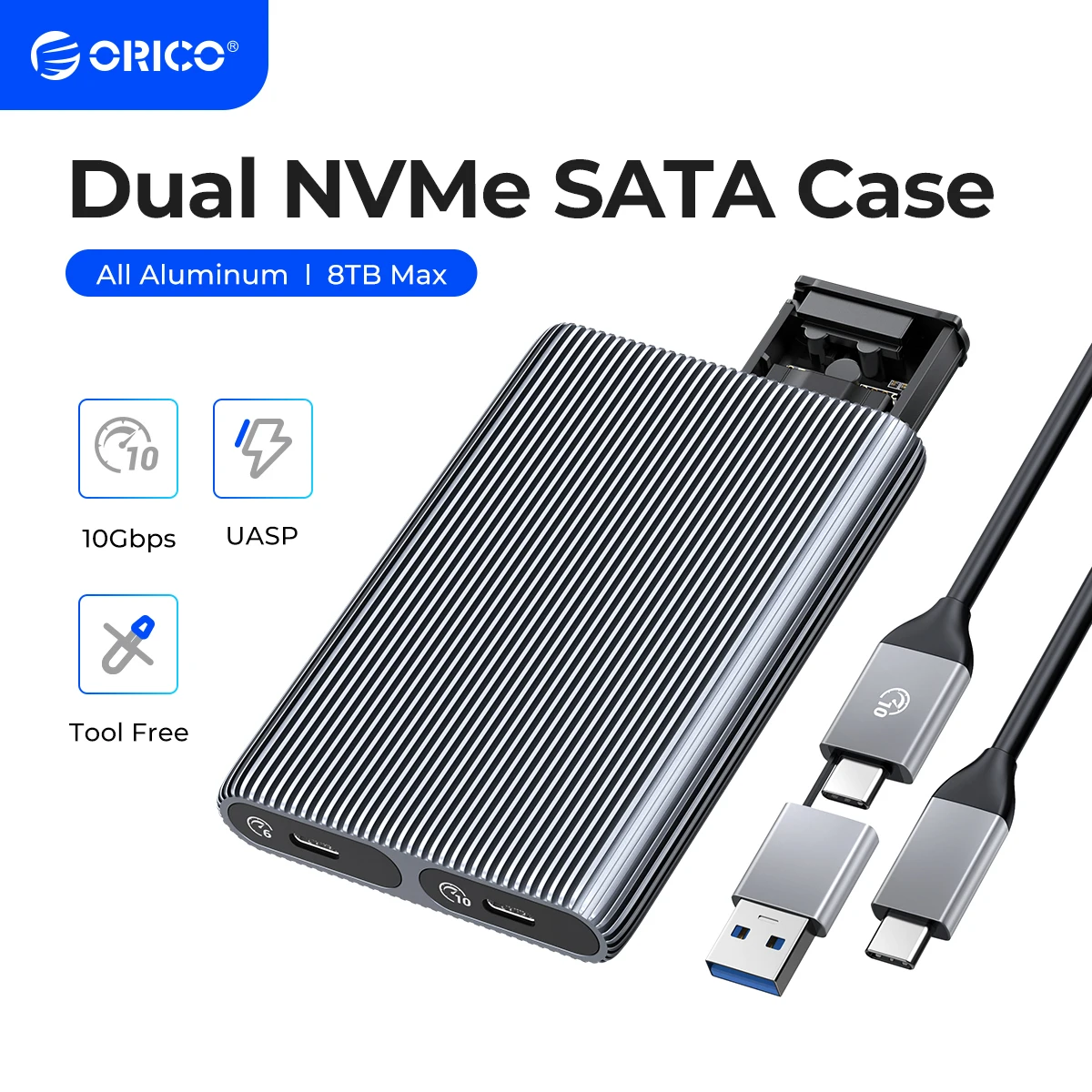 ORICO-carcasa de aluminio para SSD M2 NVMe de doble bahía, USB 3,1, Gen2, 10gbps, para Clave M, M y B, NVMe, PCIe, SSD, con chaleco de refrigeración incorporado