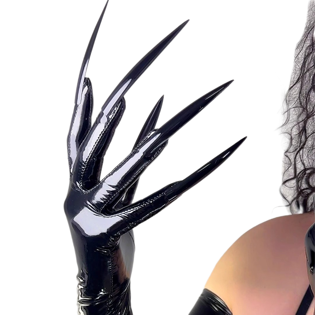DooWay Latex เล็บยาวถุงมือน้ํามันสีดํา Glossy Wetlook 70 ซม.ยาวถุงมือยางเล็บหนัง Faux Ultra บาง TECH คอสเพลย์
