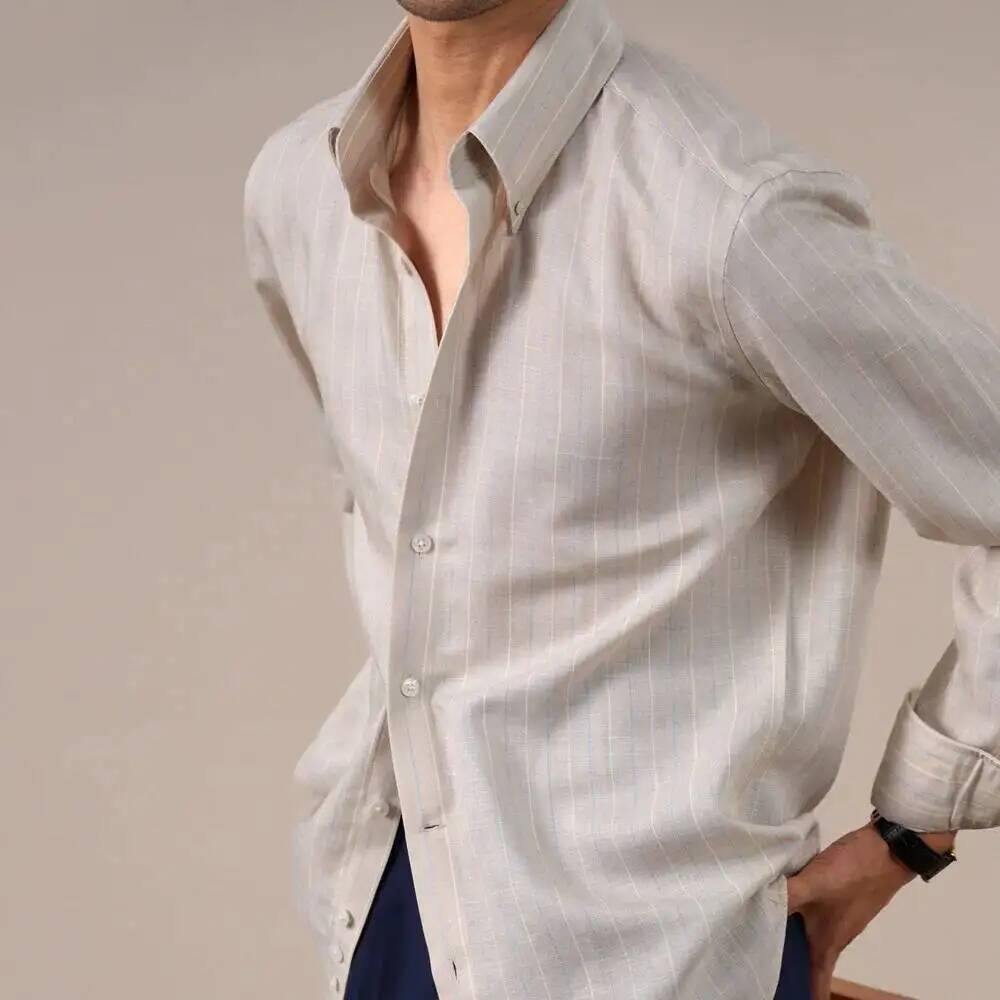 Camicia a righe con colletto a punta italiana da uomo, camicia in misto lyocell da uomo, camicia elegante da uomo, camisa social masculina, camicia casual da uomo in misto lino