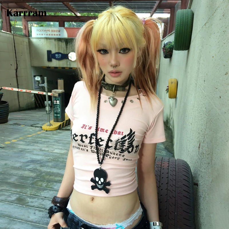 Karrram-camiseta com estampa em letras japonesas, top recortado, vintage, harajuku, rosa, bandagem, sem encosto, estilo americano dos anos 90, lixo 2000, y2k