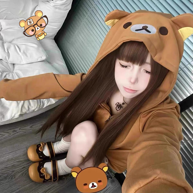 Y2K Women Japanese Style Rilakkuma Harajuku Streetwear Hoodies Outdoors Jacket Kawaii Cute Cartoon Print Zipper Sweatshirt Girl