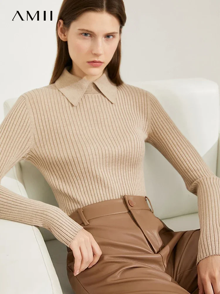 Amii-Suéter feminino de malha fina listrada, tops básicos de lapela, blusa monocromática da moda, minimalismo, nova senhora do escritório, outono, 12444058, 2024