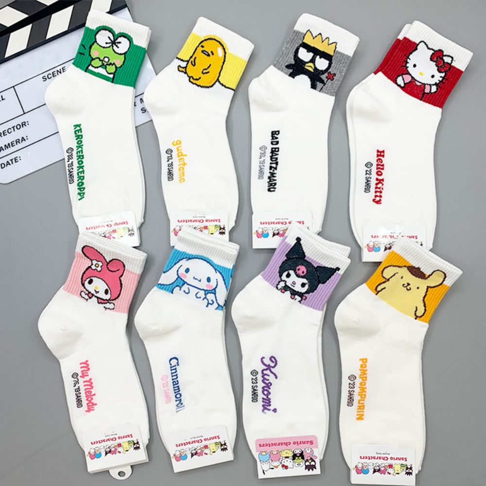 Calcetines Hello Kitty Y2K para niñas, calcetines medianos Kuromi Cinnamoroll, calcetines Kawaii Sanrio Melody, calcetines rosados en blanco y negro para mujer